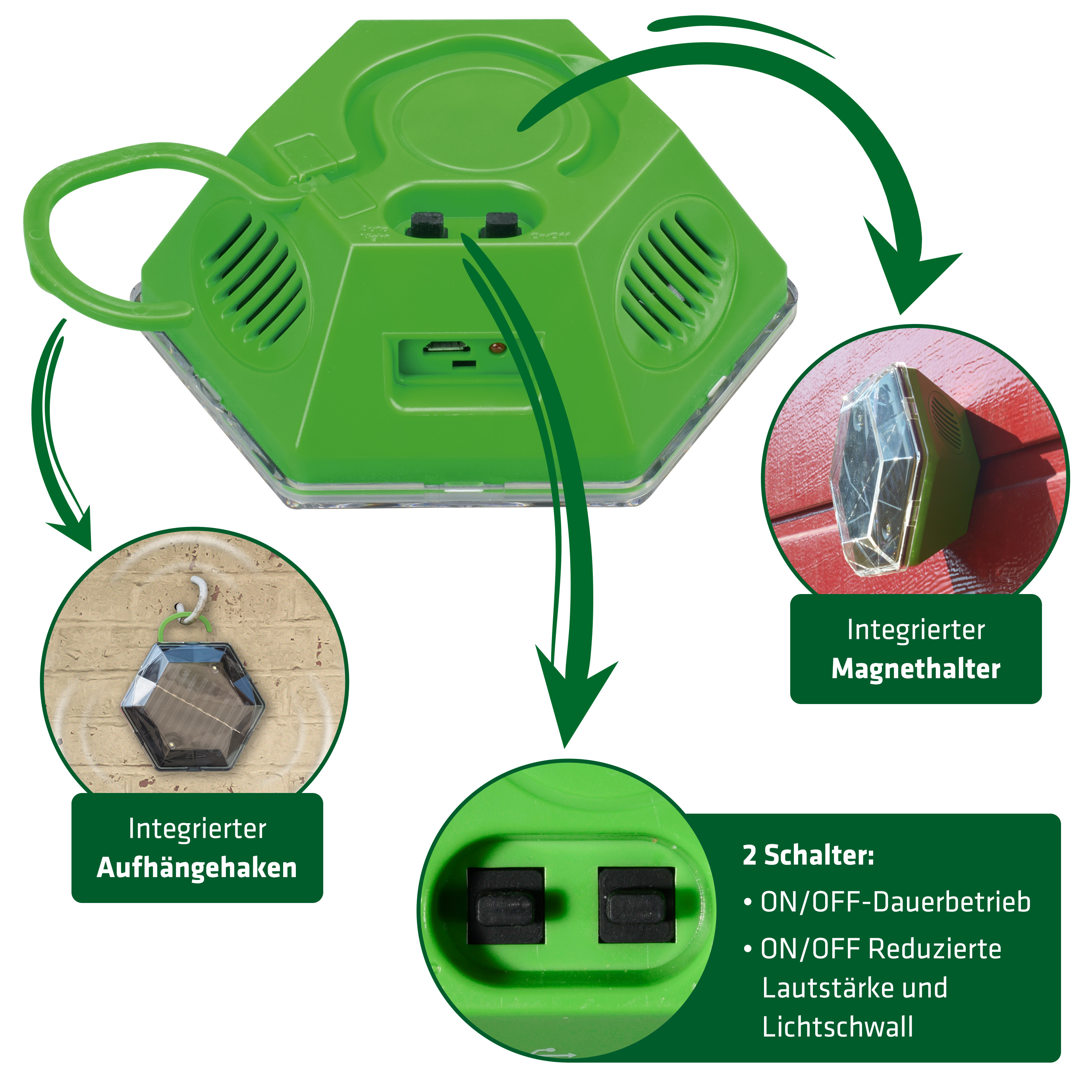 Aufhänger und eine Magnethalterung sind integeriert. 